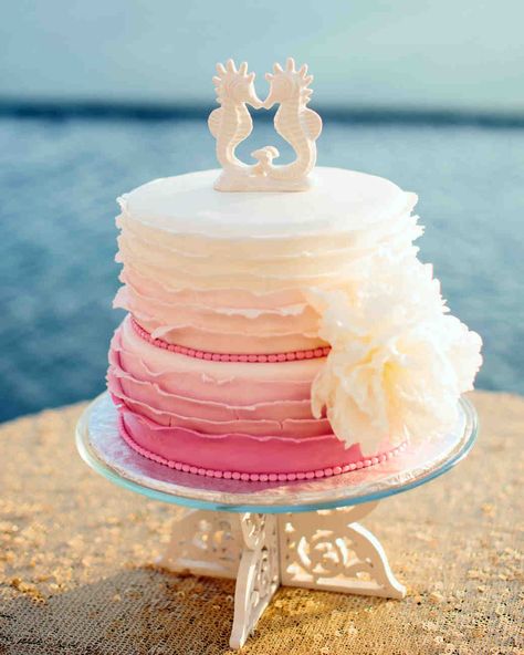 34 Small Wedding Cakes With a Big Presence | Martha Stewart Weddings Wedding Cake For Beach Wedding, Beach Wedding Food, Beach Wedding Cakes, Wedding Cakes Maroon, Ombré Cake, Pink Ombre Cake, Beach Theme Wedding Cakes, Wedding Picnic, Ganache Filling