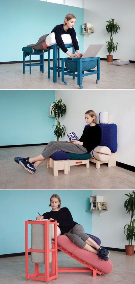 Pascal has designed a furniture line for those who have fear of working from a desk – or, are probably bored of it. Work From Bed, Desk And Bed, Desk Design Ideas, Freestanding Bathroom Shelves, Furniture Desk, Ergonomics Furniture, Creative Furniture, Yanko Design, Desk Design