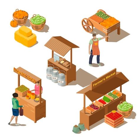 Farm local market with vegetables in iso... | Free Vector #Freepik #freevector #food #sale #people #farm Hot Dog Pizza, Harvest Market, Natural Farming, Pig House, Fruit Vector, Isometric Art, Concept Diagram, Isometric Illustration, Food Stall