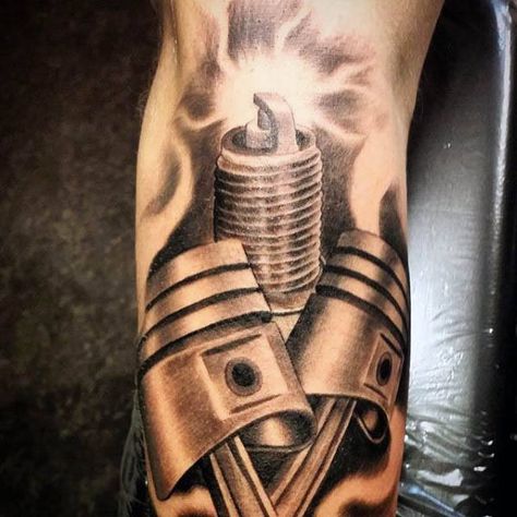 Piston And Spark Plug Tattoos For Men Spark Plug Tattoo, Plug Tattoo, Piston Tattoo, Engine Tattoo, Harley Tattoos, Motor Tattoo, Racing Tattoos, Mechanic Tattoo, Family Tattoo Designs