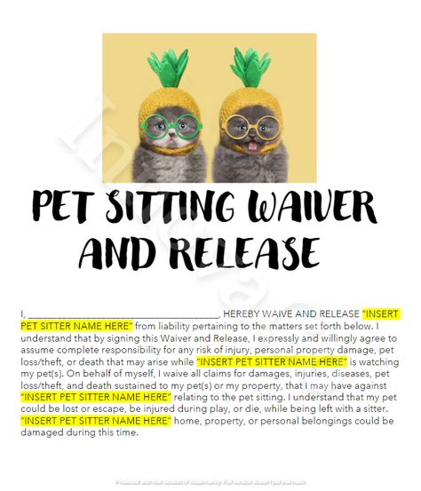 Pet Sitting Waiver Form, Pet Sitting Release Form, Dog Boarding Forms, Pet Sitting Welcome Packet, Pet Sitting Form Templates.This form is the perfect form to help pet owners or caretakers!This is a customizable, editable template in Microsoft word pre-formatted to print at 8 1/2 x 11 size. Purchase includes the Word Document file for your use. This file contains the following sub-sections: - Liability Waiver Clause- Acknowledgement of pet owner that any damages to personal property (pet ... Dog Boarding Forms, Pet Sitter Checklist, How To Start A Pet Sitting Business, Dog Sitter Instructions Template, Pet Sitting Business Flyers, Pet Sitting Forms, Pet Sitting Flyer, Animal Sitting, Pet Sitter Instructions