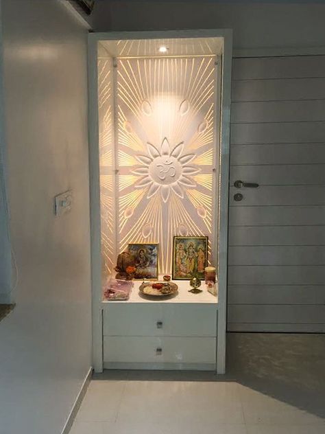 Pooja Room - White Coloured Wooden Finish Unit for Pooja Room highlighted by Spot Light Simple Pooja Room, Small Pooja Room Ideas, Mandir Designs, Pooja Door Design, Mirror Decor Living Room, Mandir Design, India Home Decor, Temple Design For Home, Living Room Tv Unit Designs