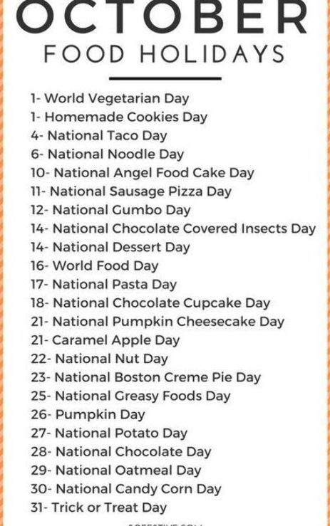 National Celebration Days, National Holiday Calendar, October Food, Silly Holidays, Monthly Celebration, October Holidays, Food Holidays, National Day Calendar, Wacky Holidays