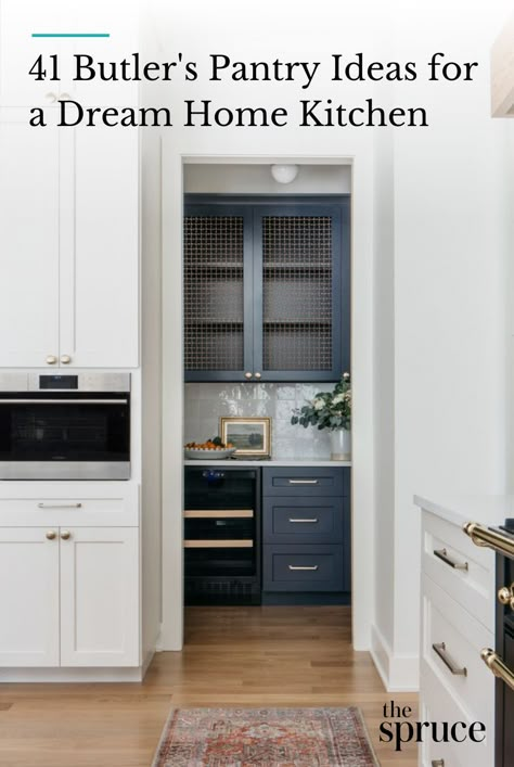 A butler's pantry makes entertaining easier by providing storage, prep, and display space. Discover butler's pantry ideas for every style. #dreamkitchen #kitchendecorideas #kitchentile #classickitchen #whitekitchens #kitchenpantry #apartmentdecor #apartmentdecoratingonabudget #apartmentliving #smallspacedecorating #thespruce Butlers Pantry With Beverage Fridge, Butlers Pantry With Desk Area, Pantry With Beverage Station, Best Butlers Pantry, Butlers Pantry Refrigerator, Butler Pantry With Sink And Dishwasher, Refrigerator In Butlers Pantry, Pantry Cabinet In Mudroom, Kitchen Pantry Addition