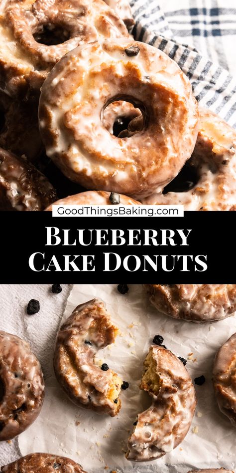 These blueberry cake donuts will rival any that you find at your favorite donut shop. They're deep fried with a crackly layer of glaze and a tender, lightly sweet center. Sourdough Chocolate Cake Recipe, Sourdough Chocolate Cake, Brownie Bowls, Blueberry Cake Donuts, Cake Donuts Recipe, Blueberry Donuts, Fried Dessert, Vanilla Mousse, Homemade Donuts Recipe