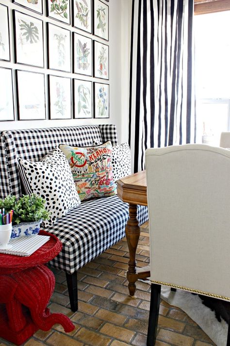 Spring Home Tour  ||  Dimples and Tangles  ||  Gingham Settee at Kitchen Table Banquette Seating Dining, Banquette Seating Dining Room, Black Kitchen Table, Settee Dining, Dimples And Tangles, Colorful Kitchen Decor, Kitchen Table Makeover, Banquette Seating, Dining Nook