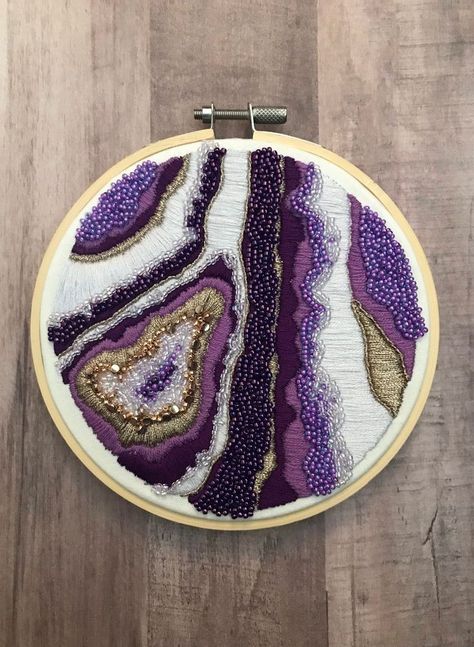 Geode Embroidery, Purple Geode, Weaving Tapestry, Embroidery Hoop Wall Art, Crystal Embroidery, Abstract Embroidery, Textile Art Embroidery, Tambour Embroidery, Bead Embroidery Tutorial