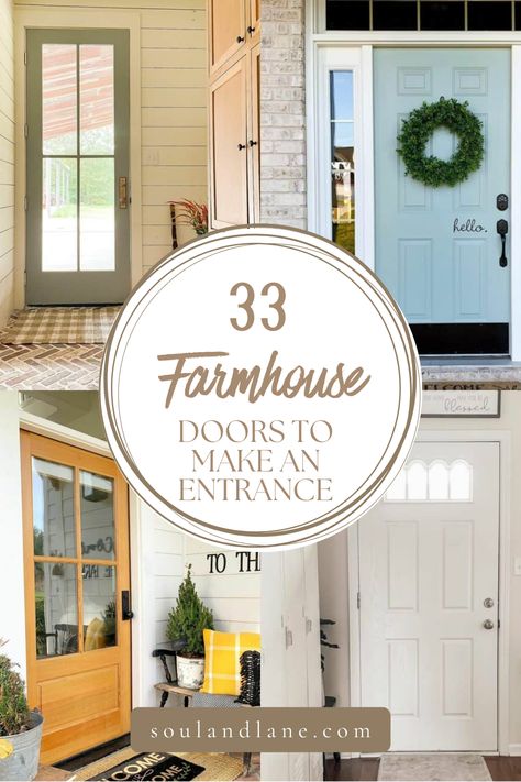 Step into country chic with farmhouse door ideas designed to elevate your entryway with style and warmth. Barn doors painted in soft, muted hues like sage green or powder blue can add a splash of color while keeping the rustic vibe alive. Incorporate frosted or stained glass panels for a touch of elegance that doesn't sacrifice privacy. A Dutch door offers functionality and charm, allowing you to greet guests or catch a breeze while keeping the lower half closed. Farmhouse Door Colors Exterior Paint, Modern Farmhouse Doors, Farmhouse Interior Door, Stained Glass Front Door, White Farmhouse Exterior, Green Kitchen Island, Stylish Entryway, Exterior Door Colors, Farmhouse Door