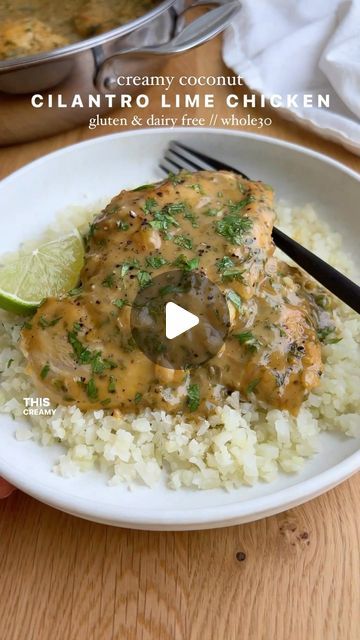 Maddie Vock on Instagram: "creamy coconut cilantro lime chicken skillet 🌱🥥 if you’re a citrus lover like me, this has to be your next dinner! it’s a one-pot recipe that deliverrrrs on the flavor, comfort & nourishment 👏 i love to serve it over cauliflower rice for extra veggies but this would also be great with normal rice. let me know if you try it out!! RECIPE (gluten free, dairy free, whole30 friendly): -olive oil -2 boneless, skinless chicken breasts (1lb), cut in half horizontally to make 4 cutlets -1/2 yellow onion, diced -3 cloves garlic, minced -1/4 cup chopped cilantro -1/4 cup lime juice -zest from 1/2 lime -1 cup full-fat canned coconut milk -1/2 cup chicken broth (i used @drkellyannpetrucci homestyle bone broth) -1/2 tbsp arrowroot starch (or cornstarch) + 1/2 tbsp water -sa Chicken Skillet, Recipe Gluten Free, Cilantro Lime Chicken, Winner Winner, Lime Chicken, Canned Coconut Milk, Skillet Chicken, Boneless Skinless Chicken, Cilantro Lime