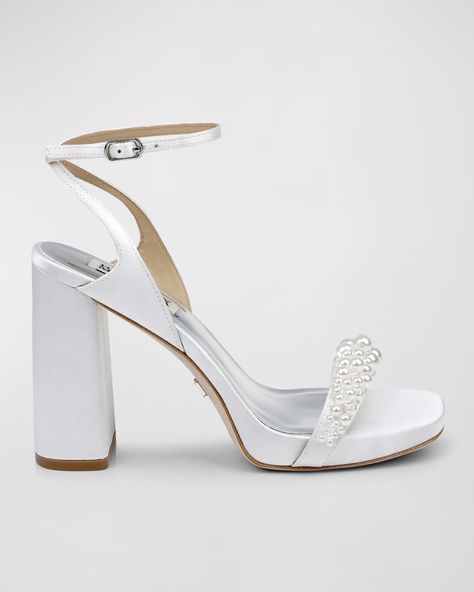 Badgley Mischka "Calida" pearly stud embellished silk sandals 4.25 in / 105 mm block heel Open toe Adjustable ankle strap Leather outsole Lining: Leather Spot clean Imported Badgley Mischka Bridal Shoes, Badgley Mischka Bridal, Daytime Dresses, Pre Fall Collection, Badgley Mischka, Wedding Wishes, Wedding Looks, Bridal Shoes, Pump Shoes