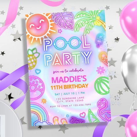 Dive into the ultimate party experience with our Pool Party Birthday Invitation! This design captures all the excitement of a pool party, featuring a neon array of summer graphics including a glowing sun, palm tree, pool float, flamingo, ice cream, and more. Surrounded by heart and star accents, this invitation bursts with vibrant energy and fun. Make a splash and let the neon vibes light up your celebration! Swim Birthday Party Invitations, Pool Party Birthday Ideas, Glow Pool Party, Summer Birthday Party Decorations, Toddler Girl Birthday Party, Summer Graphics, Pool Party Kids, Pool Party Birthday Invitations, Disney Birthday Party