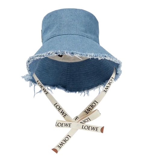 Loewe - Logo frayed denim bucket hat | Mytheresa Jean Bucket Hat, Loewe Logo, Denim Bucket Hat, Designer Shopping, Clothing Design Sketches, Vacation Looks, Denim Hat, Frayed Denim, Leather Logo