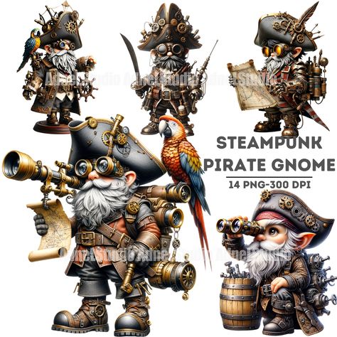 Pirate With Parrot, Pirate Gnome, Steampunk Junk Journal, Décor Steampunk, Pirate Images, Journal Clipart, Steampunk Pirate, Gnome Clipart, Steampunk Decor