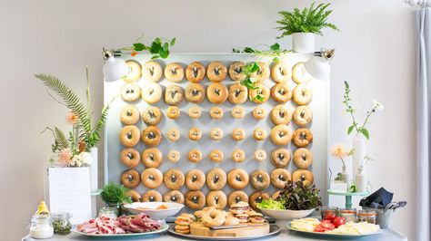 Bagel Wall Captured by Anneli Marinovich Bagel Bar Party, Bagel Station, Bagel Wall, Brunch Hosting, Bagel Board, Evening Food, Bagel Bar, Ladies Brunch, Birthday Bar