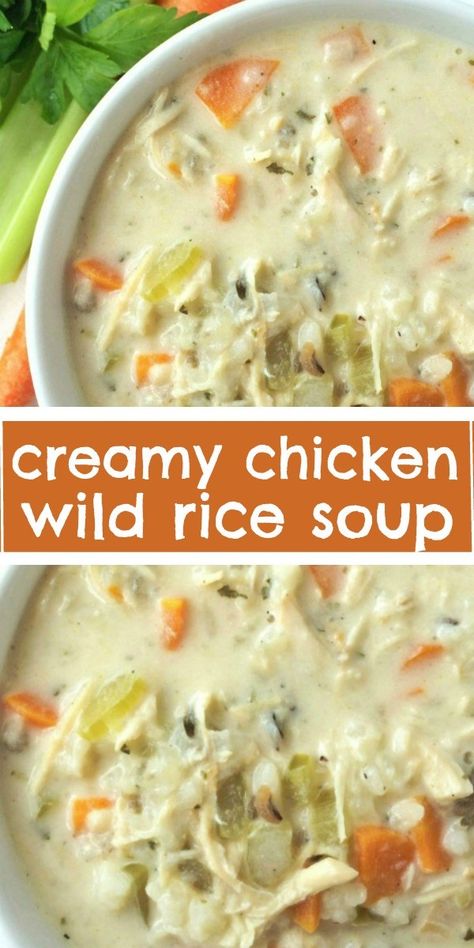 Creamy Chicken Wild Rice Soup | Chicken Soup | Slow Cooker Soup Recipe | Creamy chicken wild rice soup is a family favorite for chilly days. Creamy, flavorful broth loaded with shredded chicken, carrots, celery and wild rice. This cooks all day in the slow cooker and uses a package of rice-a-roni for convenience. This stuff is incredible! #crockpot #slowcookerrecipe #dinnerrecipes #souprecipe #soup Rice Soup Crockpot, Chicken Soup Slow Cooker, Soup Slow Cooker, Chicken Carrots, Wild Rice Soup Recipes, Chicken Wild Rice, Slow Cooker Creamy Chicken, Chicken Wild Rice Soup, Creamy Chicken And Rice