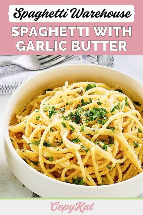 Recreate the magic of the iconic Spaghetti Warehouse at home with this easy copycat Spaghetti with Garlic Butter recipe! This comforting dish features spaghetti enveloped in a luscious garlic butter sauce, richly flavored with Romano cheese and parsley. The cheese and parsley not only infuse the sauce with flavor but also serve as a delightful garnish. This Italian garlic butter pasta dish brings the restaurant experience right to your table. Garlic Butter Recipe, Garlic Butter Pasta, Inexpensive Dinners, Restaurant Experience, Fancy Dinner Recipes, Simple Pasta, Butter Pasta, Easy Pasta Dishes, Romano Cheese