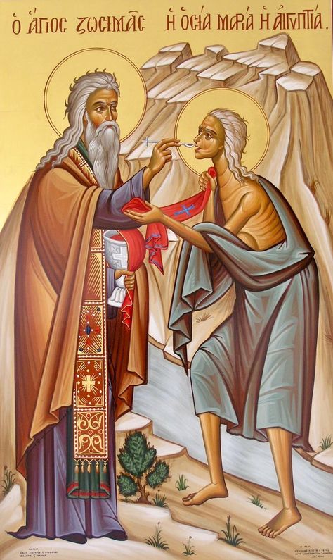 St. Mary of Egypt & St. Zosimas by Stelios Stelios of Cyprus Mary Of Egypt, St Mary Of Egypt, Monastery Icons, Greek Icons, Church Icon, Orthodox Christian Icons, Prophetic Art, Byzantine Art, Byzantine Icons