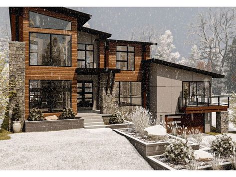 Narrow Lot House, Casas The Sims 4, Seni Dan Kraf, Modern Style House Plans, Sims House Plans, Sims House Design, Modern Mountain, Modern House Plan, Mountain Homes