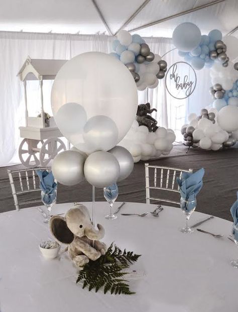 Baby Shower Balloon Centerpiece for baby boy Elephant Baby Shower Theme Decorations, Gender Reveal Balloon Centerpieces, Christening Themes Boy, Centerpiece Baby Shower Boy, Table Balloon Arch Baby Shower Boy, Babyshowerparty Boy Ideas, Balloon Centerpieces Baby Shower Boy, Centerpieces For Baby Shower Boy, Baby Shower Boy Centerpiece Ideas