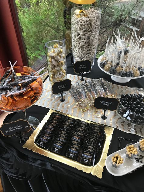 Black And Gold Candy Bar Ideas, Mens Dessert Table, Black White And Gold Candy Table, Black And Gold Party Treats Dessert Tables, Green Black And Gold Dessert Table, Black And Gold Candy Bar, Black And Gold Candy Table Ideas, Black And Gold Food Table Decorations, Black Desert Table