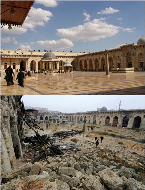 Aleppo Before And After Syria's Civil War Told In Haunting Images | HuffPost UK News Syria Before And After, Umayyad Mosque, Haunted Images, Aleppo Syria, Medieval Fortress, Internal Courtyard, Grand Mosque, 11th Century, Old City