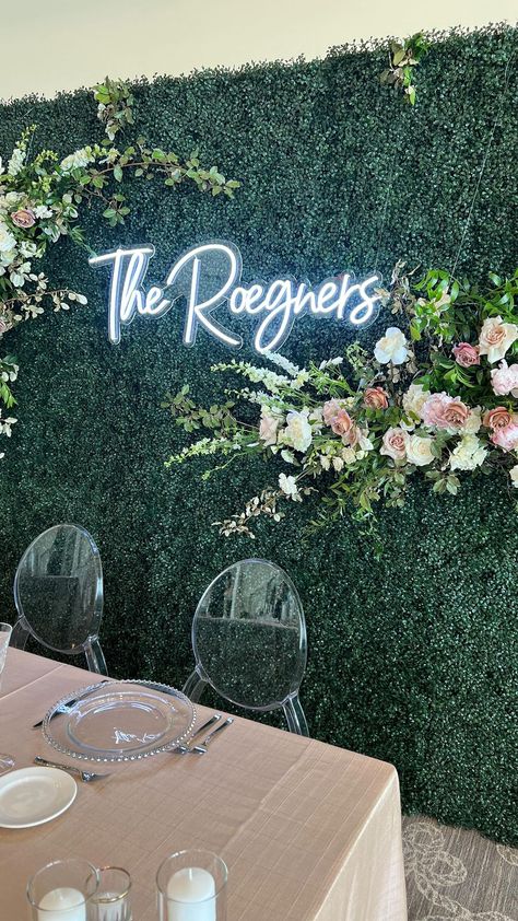 Ceremony Arbor Flowers, Neon Sign Backdrop, Arbor Flowers, Boxwood Wall, Sweetheart Table Backdrop, Boxwood Backdrop, Ceremony Arbor, Head Table Backdrop, Table Backdrop