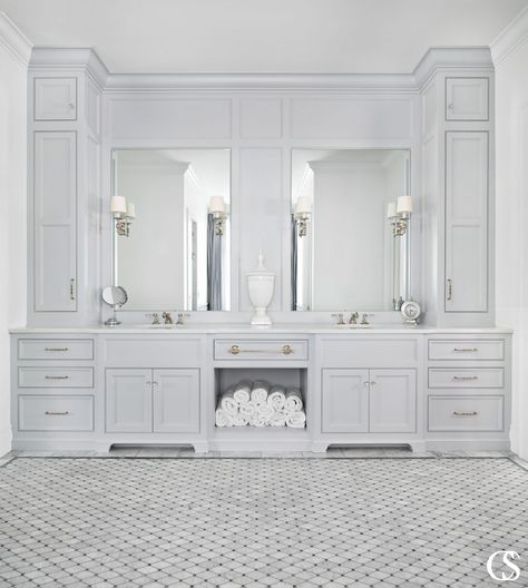 double vanity bathroom idea Master Bath Vanity With Middle Tower, Master Bathrooms With Separate Vanities, 96” Bathroom Vanity, Double Vanity Bathroom With Makeup Area, Double Vanity With Side Towers, L Shaped Double Vanity, Double Bathroom Vanity Ideas Master Bath, Master Bath Double Vanity Ideas, Double Sink With Vanity In Middle