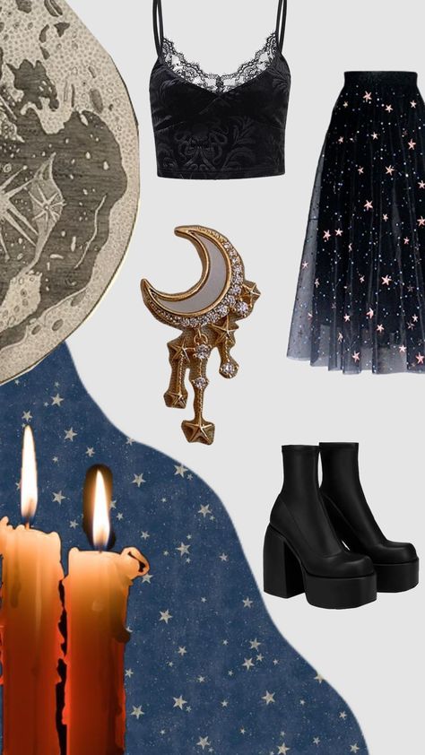 Witchy outfit inspo ✨🔮 #witchaesthetic #whimsigoth #inspo Witchy Y2k Outfits, Lunar Witch Outfit, Blue Witch Outfit, Mooncore Outfits, Starry Outfit, Witch Outfit Modern, Whimsigoth Outfits Casual, Witchcore Aesthetic Outfits, 90s Witchy Outfits