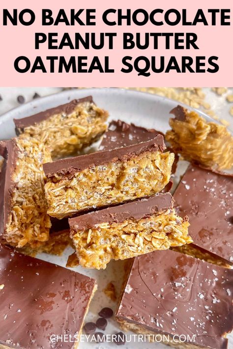 These No Bake Chocolate Peanut Butter Oatmeal Squares are an easy snack to make for the week! Packed with healthy fats, protein, and fiber, this rounded snack will hold you over between meals and satisfy your afternoon sweet tooth! Peanut Butter Oatmeal Squares, Kids Packaged Snacks, Chocolate Peanut Butter Oatmeal, Snack To Make, Peanut Butter Squares, Oatmeal Squares, Peanut Butter Oats, Filling Snacks, Packaged Snacks