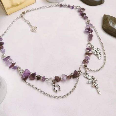 Fairycore Beaded Jewelry, Aesthetic Handmade Necklace, Fairy Grunge Necklace, Fairycore Accessories, Amethyst Accessories, Necklace Fairycore, Charm Aesthetic, Fairycore Necklace, Fairycore Jewelry