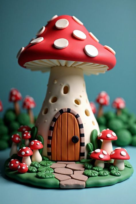 Clay Molding Ideas, "Perfect for curious, crafty little hands." Polymer Clay Fairy Garden Diy, Clay Diorama Ideas, Mushroom Clay Art, Cold Porcelain Projects, Model Magic Ideas, Clay Molding Ideas, Sculpey Clay Ideas, Fairytale Houses, Magic Ideas