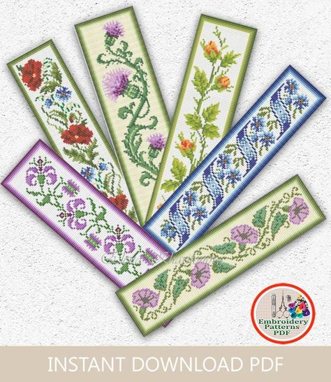 Bookmarks Cross Stitch, Cross Stitch Floss, Leaf Ornament, Thistle Flower, Flower Bookmark, Cross Stitch Patterns Flowers, Cross Stitch Bookmarks, Flower Ornaments, Pattern Floral