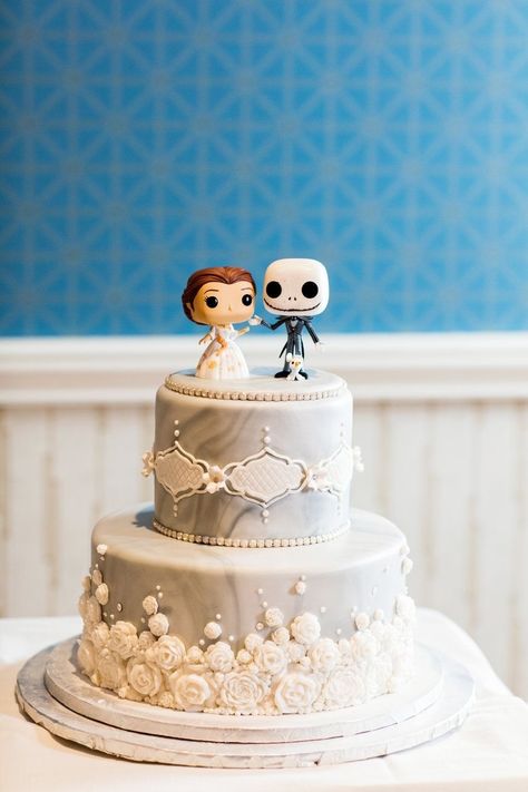 We love a wedding cake with a Funko Pop topper and hidden Mickey! Funko Pop Wedding Cake Topper, Blue Fondant Cake, Mad Hatter Wedding, Castle Wedding Cake, Cupcake Tower Cake, Castle Cake Topper, Wedding Pavilion, Blackberry Cake, Nerd Wedding