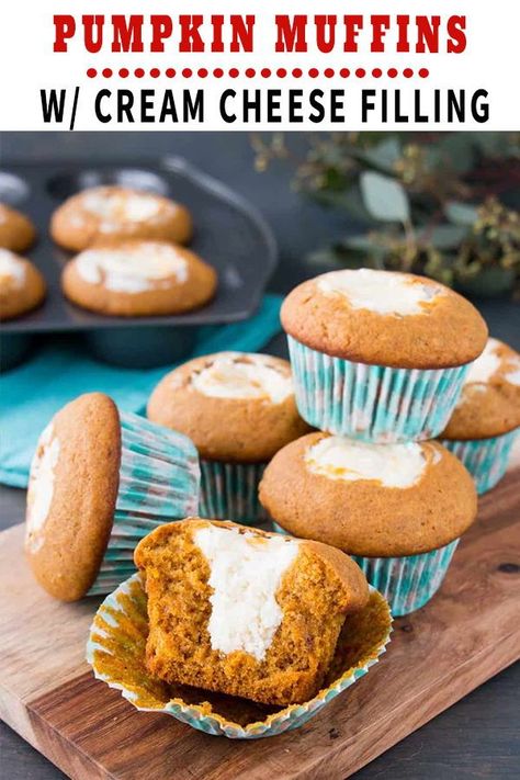 Cheesecake meets pumpkin spice in one scrumptious pumpkin muffin! The muffin itself is soft, tender, and moist. The cream cheese filling is decadent and creamy Muffins With Cream Cheese Filling, Pumpkin Muffins With Cream Cheese, Pumpkin Bread Starbucks Copycat, Muffins With Cream Cheese, Puree Recipes, Recipes Pumpkin, Frozen Pumpkin, Pumpkin Cream Cheese Muffins, Pumpkin Cream Cheese