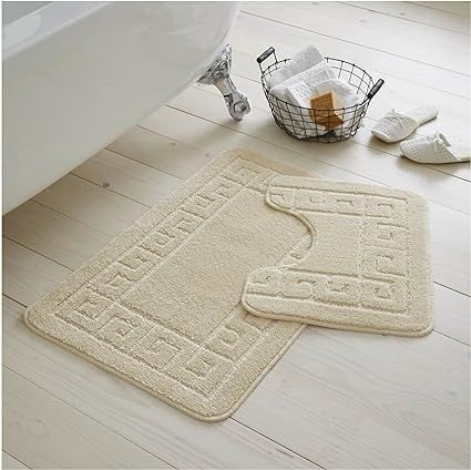 VELVETIO Bath Mat Set 2 Piece Machine Washable for Bathroom, Jacquard Greek Non Slip Quick Dry Shower Rugs & Bathtub Mats, Highly Water Absorbent 100% Polypropylene Toilet Rug Sets, Yellow And Blue Bathroom, Bathroom Shower Mat, Blue Bathroom Accessories, Greek Pattern, Toilet Rug, Bathroom Bath Mats, Greek Key Pattern, Toilet Mat, Bath Mat Sets