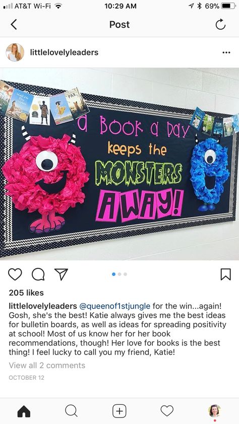 Book a day keeps a monster away Monster Theme Classroom, Book Bulletin Board, School Library Bulletin Boards, Monster Classroom, October Bulletin Boards, School Library Decor, Elementary Bulletin Boards, School Library Displays, Halloween Bulletin Boards