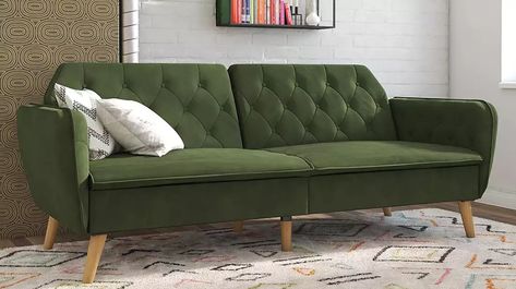 novogratz-tallulah-futon-tout Comfortable Futon, Best Futon, Best Sleeper Sofa, Green Couch, Futon Sofa Bed, Futon Sofa, Living Room Decor Apartment, Apartment Living Room, Sleeper Sofa