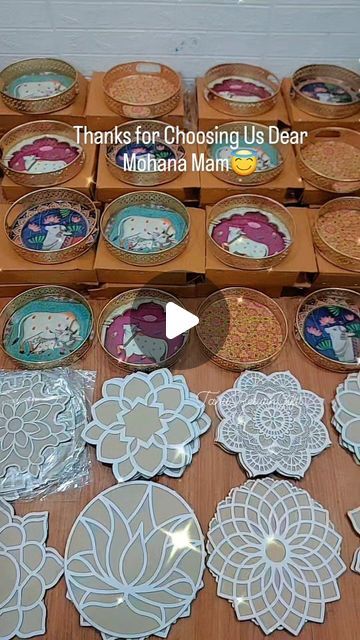 💝TANU RETURN GIFTS🎁 on Instagram: "Bulk Dispatch of 10" Pichwai Metal Hamper Trays and 12" MDF Rangoli stencils to AP🫶
To book yours,DM
.
.
#pichwaimetaltrays #mdfrangolistencil #pichwaihampertrays #housewarmingreturngifts #housewarmingreturngifthampers #weddingreturngifts #diwalireturngifts" Housewarming Return Gifts, Return Gift, Diwali, Tray, Books, 10 Things, Gifts