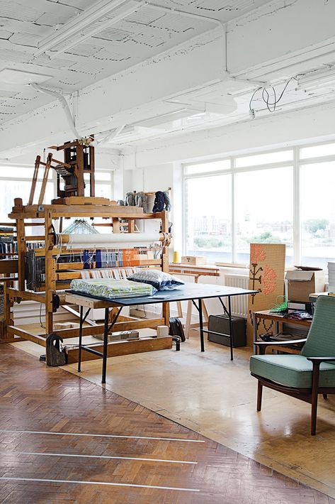 Pritchard uses her 30-year-old George Wood dobby loom to make in-house samples. The loom is of the “peg-and-lag” variety, in which a pattern is made by a machine that works from a binary code. “It’s an old workhorse,” says Pritchard, “and has done a lot of mileage over the years!”  Photo 1 of 7 in A Look Inside Eleanor Pritchard's Textile Studio Constructed Textiles, Earth School, Weaving Studio, Knitting Room, Textile Studio, Woven Blankets, Loft Studio, Digital India, Binary Code