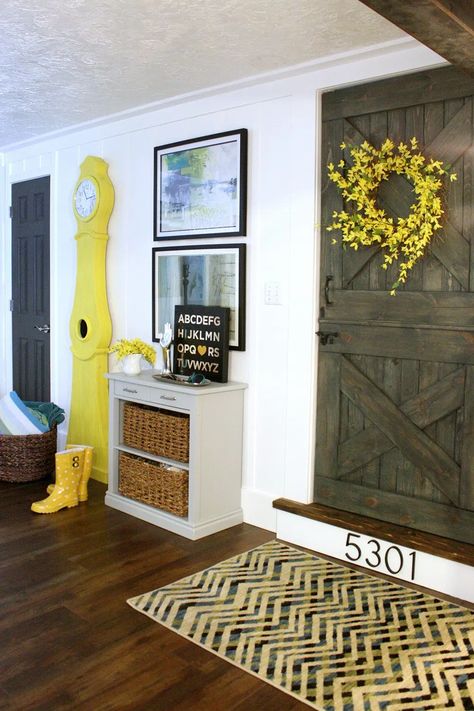 Add privacy to any room, with a side of farmhouse style, with this Dutch barn door. The bottom of the split wooden door acts as a baby gate, and the top gives you the option of additional privacy. #remodelaholic #buildingplan #beginnerbuilding Wooden Baby Gates, Dutch Doors Diy, Door Building, Barn Door Baby Gate, Old Clock, Barn Door Designs, Rustic Barn Door, Small Living Room Design, Baby Gate