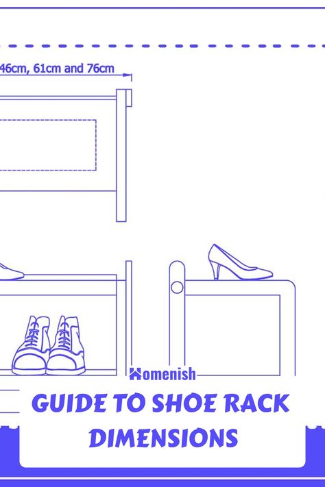 As a general rule, the shoe rack depth should be at least 13 inches so that it can store most types of shoes, including boots and stilettos. Typically, most common shoes can fit in spaces with a depth measurement of 18, 24, and 30 inches, as explained in the shoe rack size chart. Shoe shelf height will vary based on how many shelves you want to stack. Fyi Shoe Rack, Shoe Rack Dimensions Shelves, Custom Shoe Racks Shelves, Closet Shoe Shelf Dimensions, Shoe Shelf Dimensions, Shoes Shelf Ideas, Shoe Rack Measurements, Shoe Storage Dimensions, Shoe Rack Dimensions