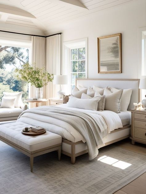 Coastal Casual Bedroom, White Master Bedrooms Decor, Neutral Master Bedrooms Decor, Sitting Area In Bedroom Master Suite, Bedroom Inspirations Master Cozy, American Bedroom Design, Peaceful Bedroom Decor, Hampton Bedroom Ideas, American Style Bedroom