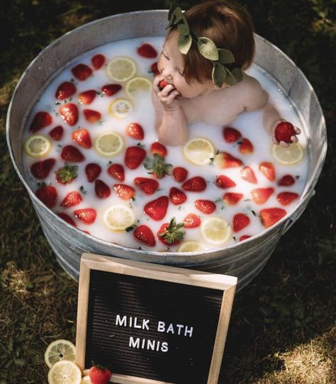 1st Birthday Milk Bath Pictures, Fruit Milk Bath Photography, Baby Milk Bath Pictures, Fruit Bath Photoshoot, Milk Bath Photography Baby, Baby Milk Bath, Bath Photoshoot, Milk Bath Photos, 6 Month Baby Picture Ideas