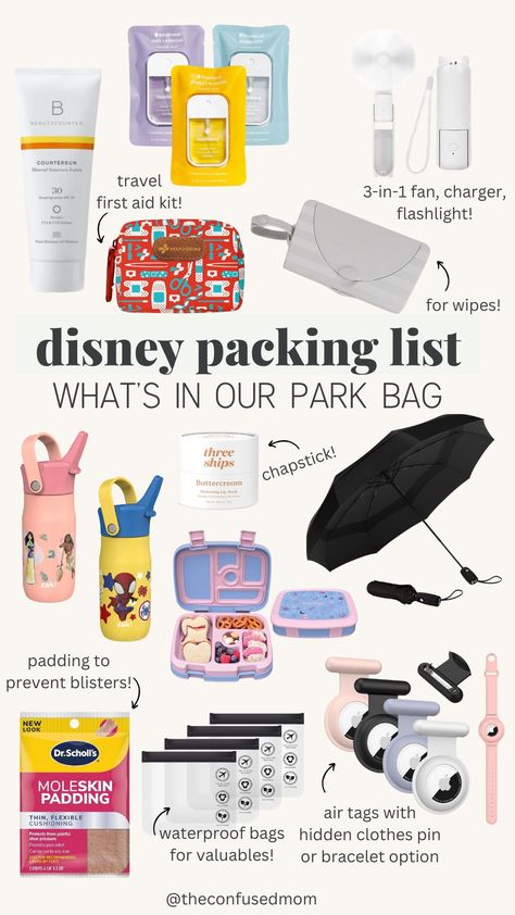 disney packing list: what to pack for disney world! packing for disney world, disney world packing list, disney trip, disney must haves packing lists, what to wear to disney world, disney world aesthetic, disney tips, disney hacks, disneyworld, disney must haves, disney vacation, disney park bag essentials, disney backpack essentials, disney bag essentials, disney travel, everything motherhood, motherhood and parenting Summer Disney Essentials, Disneyland Backpack Essentials, What’s In My Disney Park Bag, Disney Essentials For Kids, Disneyland Bag Essentials, Disneyland Necessities, Disney Packing List For Women, What To Pack For Disney World, Disney Bag Essentials