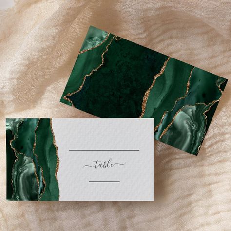 Chic Emerald Green Gold Agate Wedding Escort Place Card Word Table, Green Geode, Handwriting Script, Agate Wedding, Emerald Green Weddings, Ivory Background, Wedding Name, Green Watercolor, Ivory Wedding