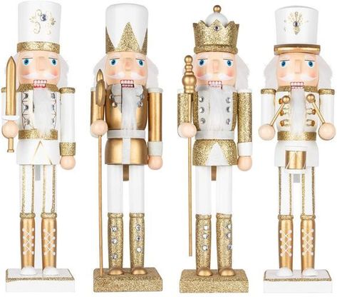 Christmas Centrepiece Ideas, Nutcracker Diy, French Country Christmas Decor, Christmas Bar Cart, Gold Holiday Decor, White And Gold Christmas, Nutcracker Figures, French Country Christmas, Nutcracker Decor