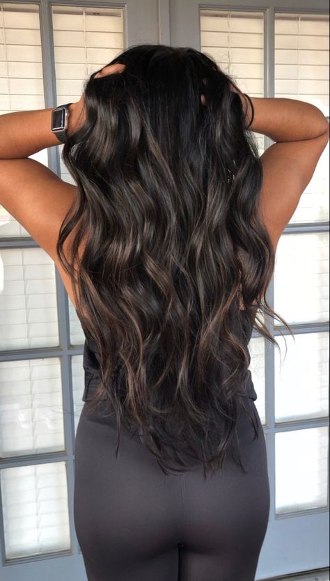 Long Dark Hair Trends 2023, Long Dark Hair With Dimension, Dark Brunette With Cool Tone Highlights, Cool Toned Lived In Brunette, Two Toned Dark Hair, Dark Brown Hair With Cool Tones, Lived In Dark Brunette Balayage, Black Babylights, Dark Brown Hair With Dimension Cool Tone Highlights