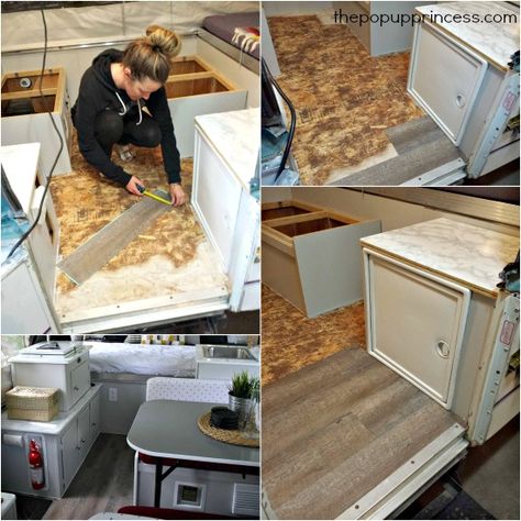 Renovating Pop Up Camper, Pop Up Camper Flooring, Pop Up Trailer Hacks, Popup Camper Makeover, Small Pop Up Camper Remodel, Small Pop Up Campers, Pop Up Camper Remodel, Tent Trailer Remodel, Tent Trailers