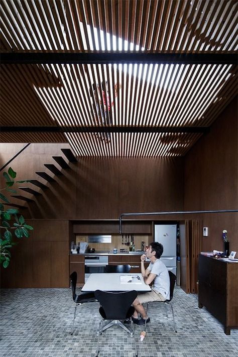 A House Where Light and Shadow Play | Nippon.com Arc Interior Design, Shadows Architecture, Baseball Batting Cage, Perforated Floor, House Bridge, Shadow Architecture, Glass Walkway, Steel Grating, Skylight Design