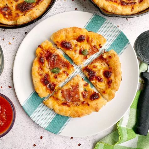 2 Ingredient Dough Personal Pan Pizza | Foodtalk Personal Pan Pizza, Two Ingredient Dough, 2 Ingredient Dough, Meat Lovers Pizza, Easy Pizza Dough, Two Ingredient, Personal Pizza, Healthy Pizza, Summer Eating